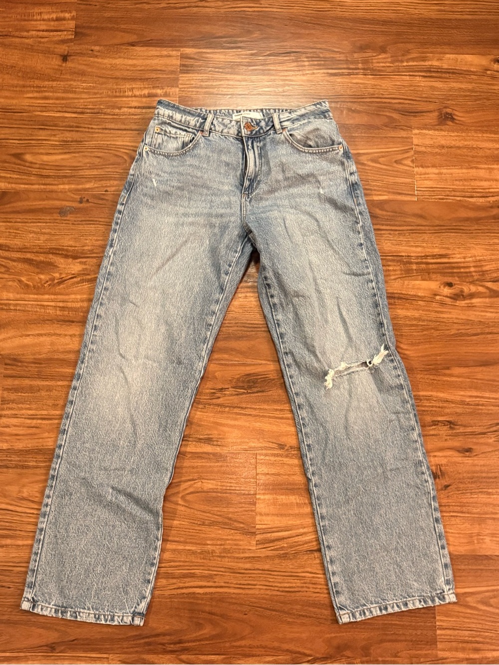 Garage Light Blue Straight Leg Jeans with Distressed Knee